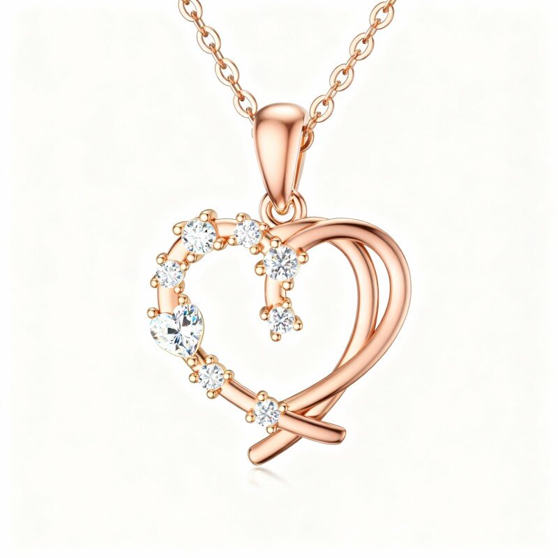 14K Rose Gold Cubic Zirconia Heart With Heart Pendant Necklace-1