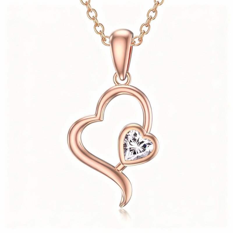 Collar con colgante de corazón de circonita cúbica en oro rosa de 10 quilates-1