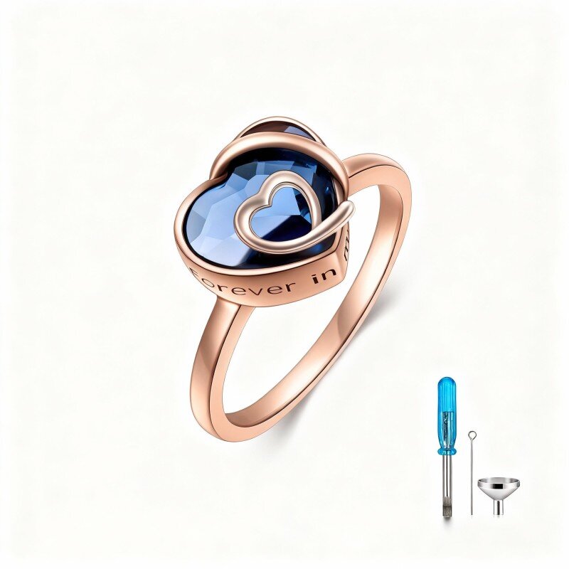 9K Rose Gold Heart Shaped Crystal Heart Ring with Engraved Word-1