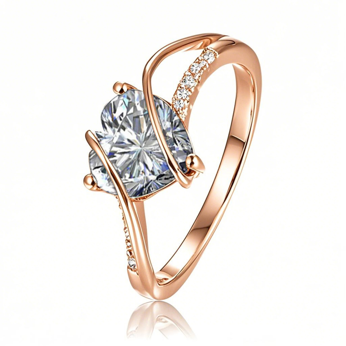 Sterling Silver with Rose Gold Plated Heart Shaped Moissanite Personalized Engraving Engagement Ring-1