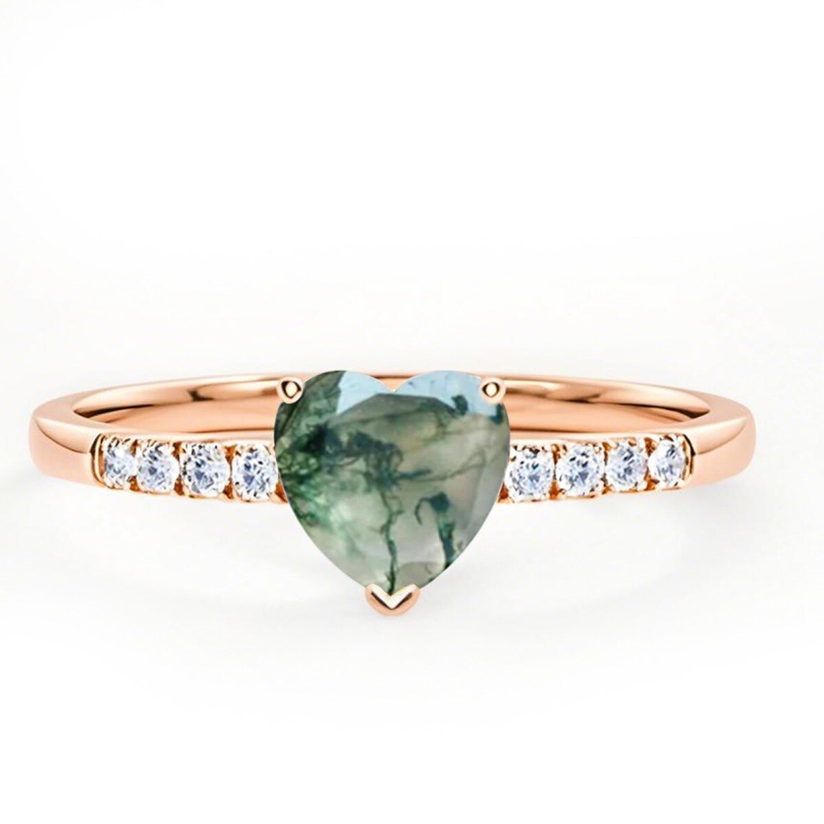 14K Rose Gold Heart Shaped Moss Agate Personalized Engraving Engagement Ring Band-1
