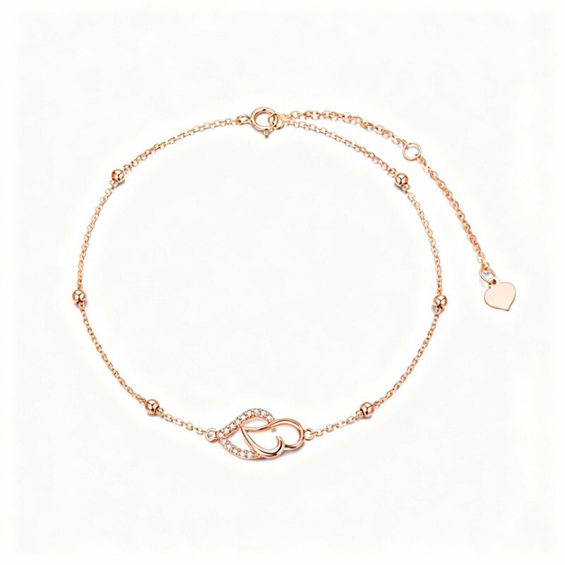 Tobillera de oro rosa de 10 quilates con dije de corazón con circonita cúbica de una sola capa-1