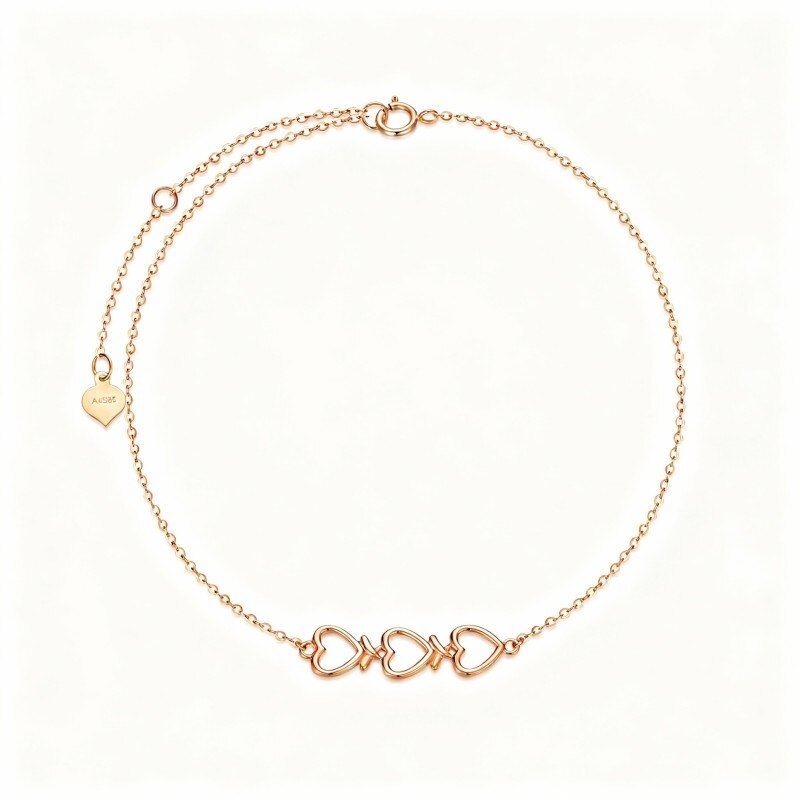 14K Rose Gold Heart With Heart Single Layer Charm Anklet-1