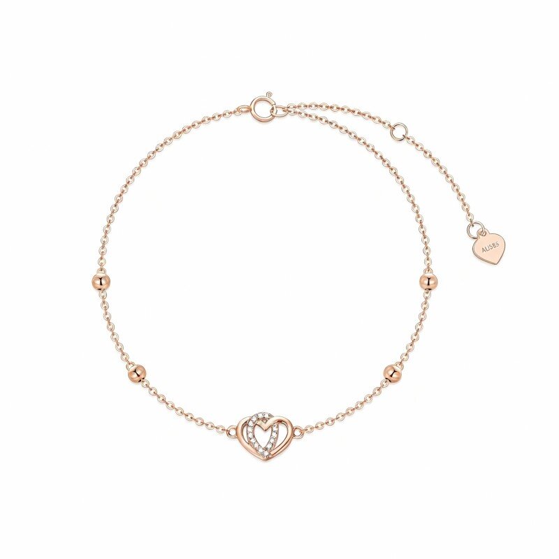 Tornozeleira com pendente de coração em ouro rosa 10K com zircónias cúbicas e camada única-12