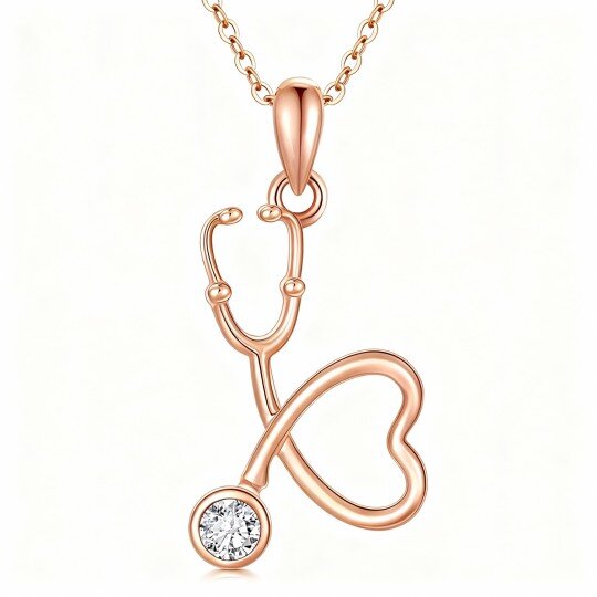10K Rose Gold Cubic Zirconia Heart & Stethoscope Pendant Necklace