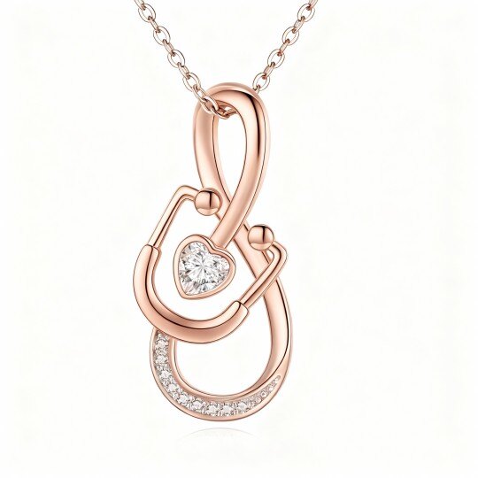 10K Rose Gold Cubic Zirconia Heart & Stethoscope Pendant Necklace