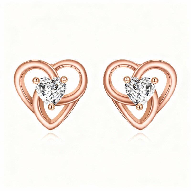Orecchini a bottone a forma di cuore in oro rosa 10 carati con zirconi cubici-1