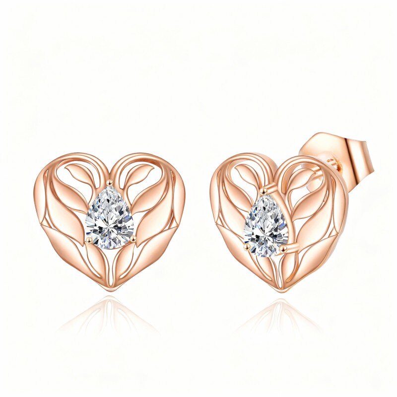 Pendientes de botón con forma de corazón y circonitas cúbicas en oro rosa de 14 quilates-1