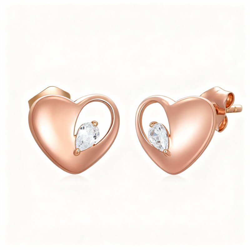 14K Rose Gold Cubic Zirconia Heart Stud Earrings-1