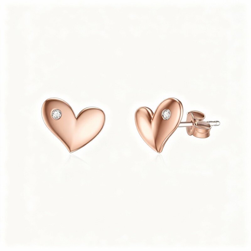 10K Rose Gold Cubic Zirconia Heart Stud Earrings-11
