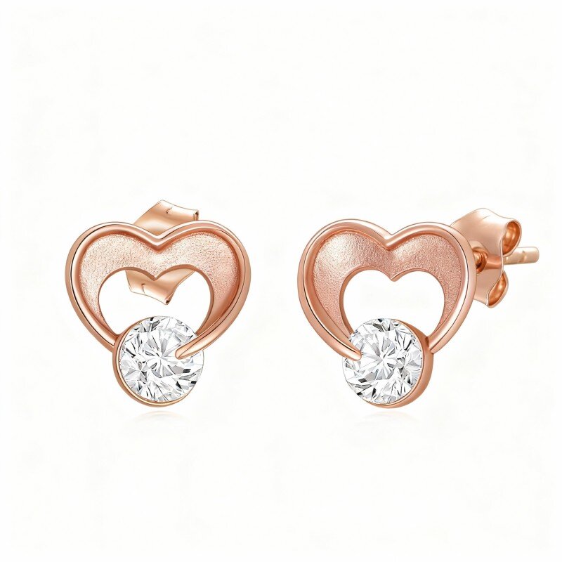 10K Rose Gold Cubic Zirconia Heart Stud Earrings-1