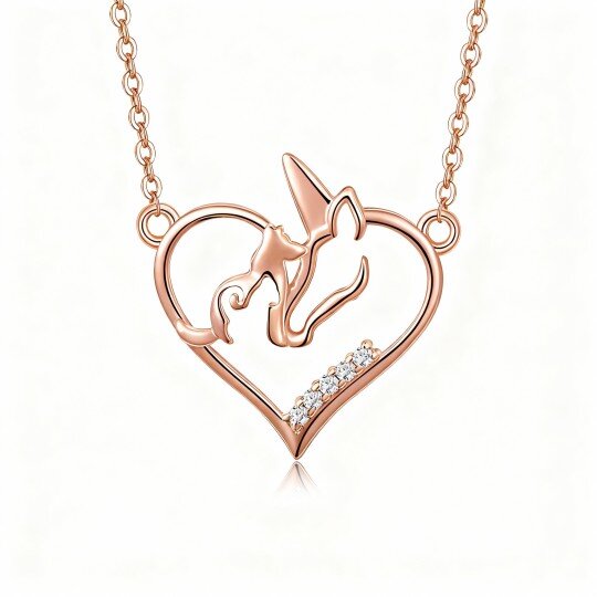 10K Rose Gold Cubic Zirconia Heart & Unicorn Pendant Necklace