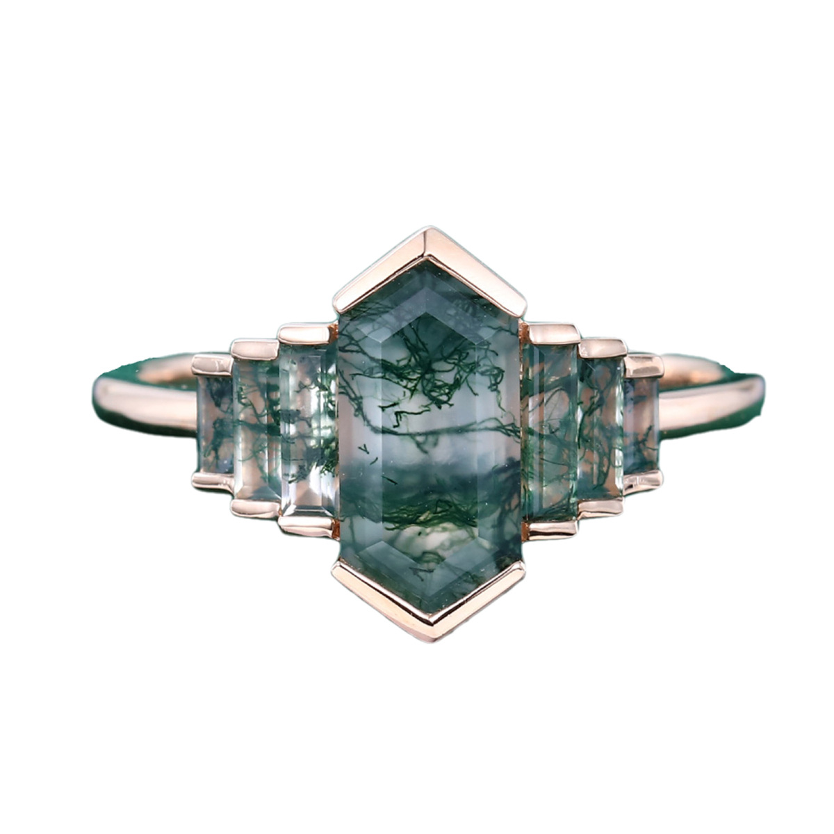14K Rose Gold Hexagon Cut Moss Agate Ring-1