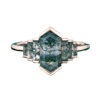 Sterling Silver with Rose Gold Plated Hexagon Cut Moss Agate Ring-20