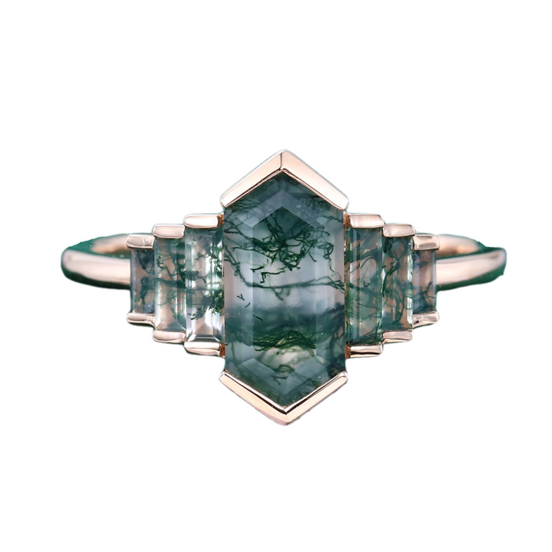Sterling Silver with Rose Gold Plated Hexagon Cut Moss Agate Ring-4