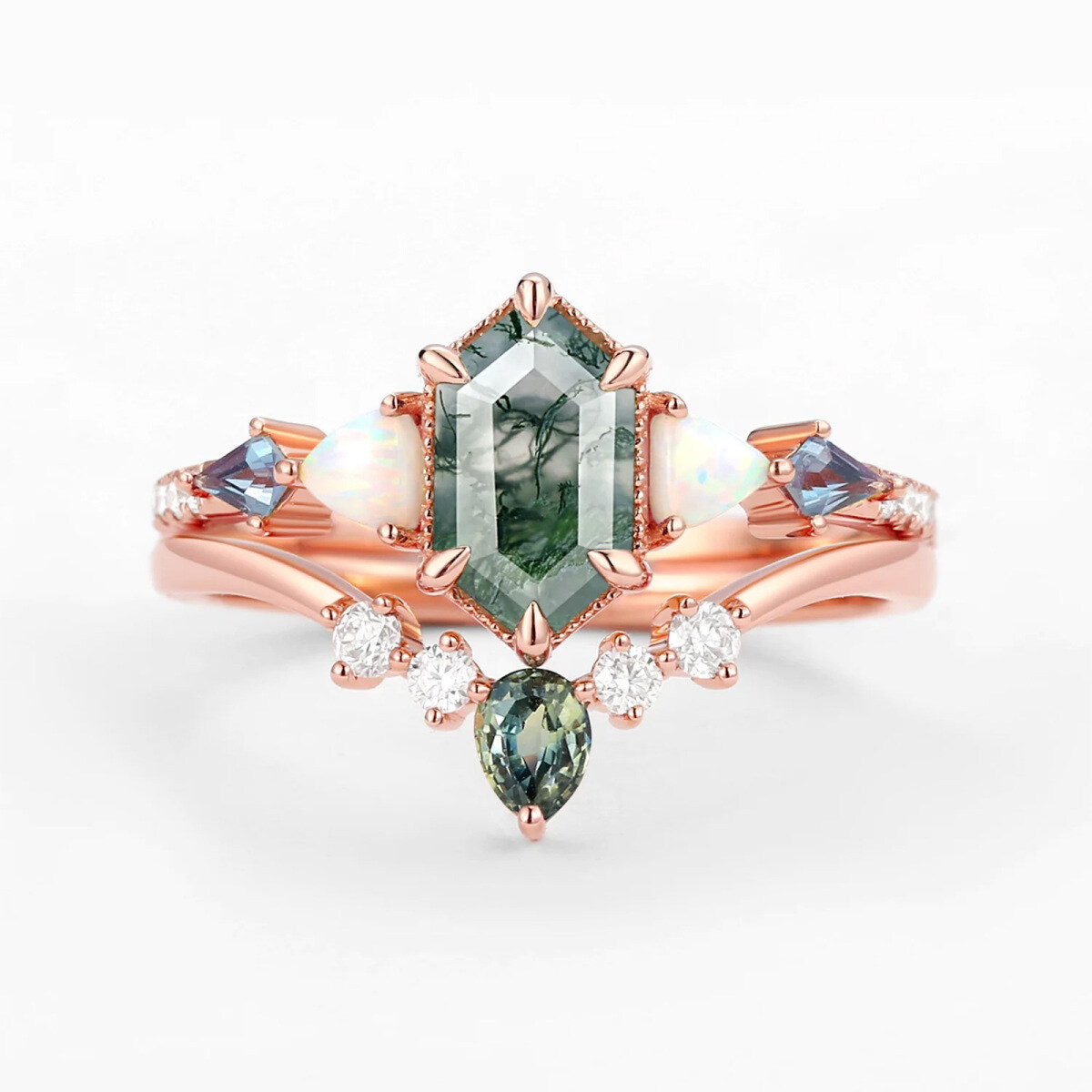 10K Rose Gold Hexagon Cut Moss Agate Ring-1