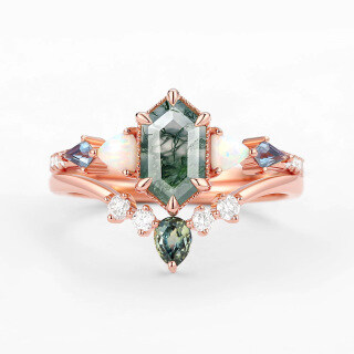 Sterling Silver with Rose Gold Plated Hexagon Cut Moss Agate Ring-6