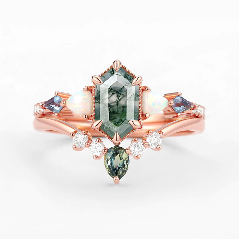 Sterling Silver with Rose Gold Plated Hexagon Cut Moss Agate Ring-6