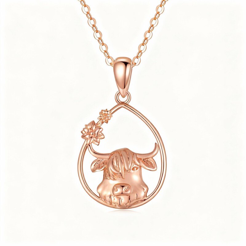 قلادة من الذهب الوردي عيار 10 قيراط على شكل بقرة المرتفعات وقطرات الماء-1