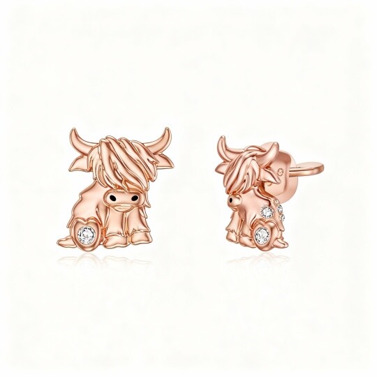 10K Rose Gold Cubic Zirconia Highland Cow & Heart Stud Earrings