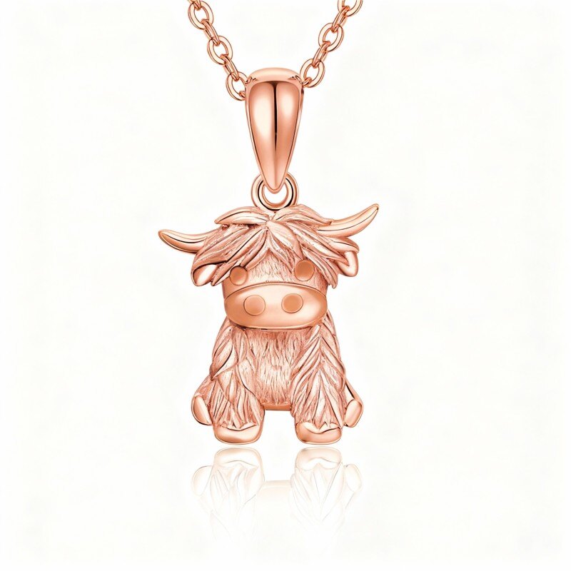 10K Rose Gold Highland Cow Pendant Necklace-1