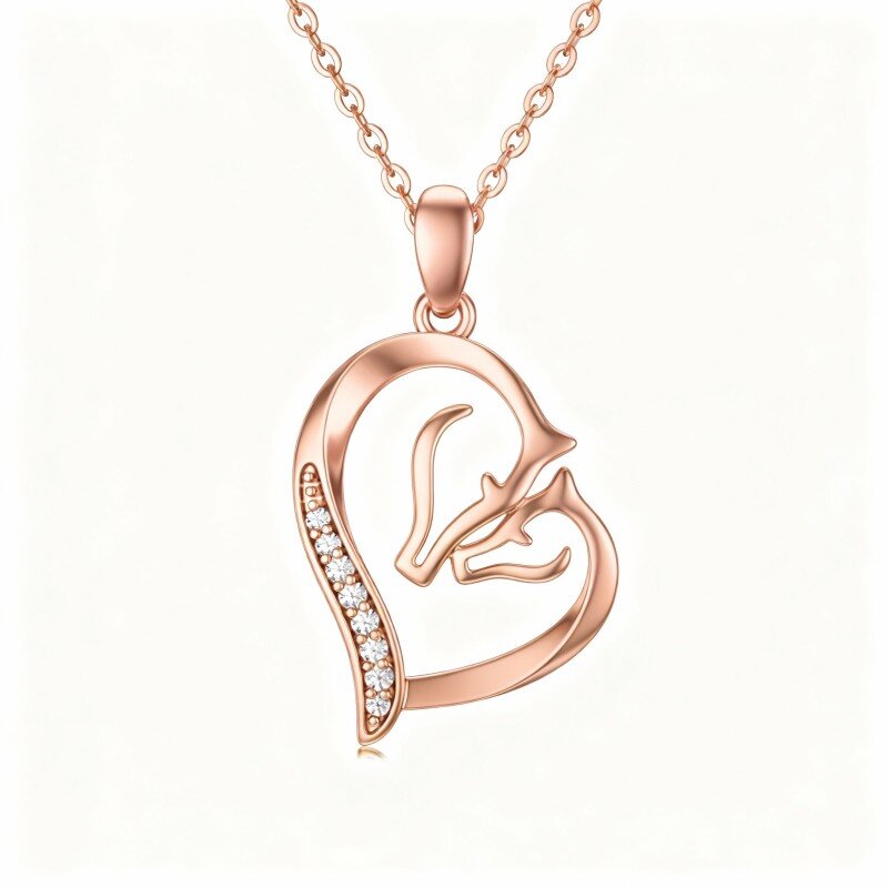 10K Rose Gold Cubic Zirconia Horse & Heart Pendant Necklace-1