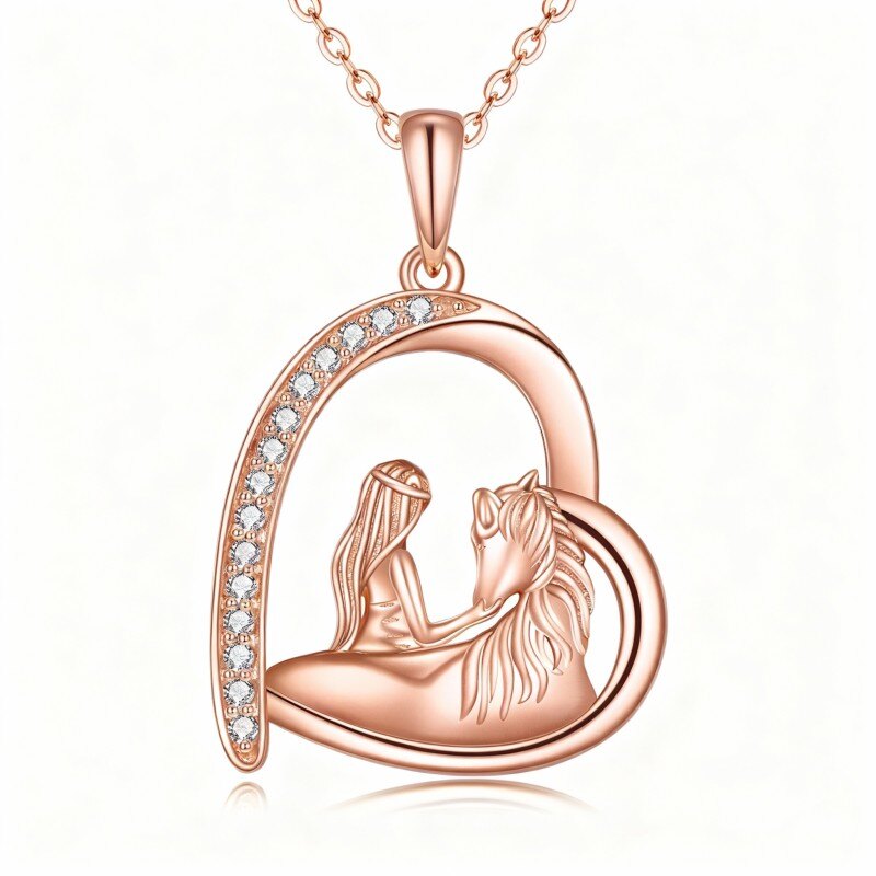 Collar con colgante de caballo y corazón en oro rosa de 10 quilates con circonitas cúbicas-1
