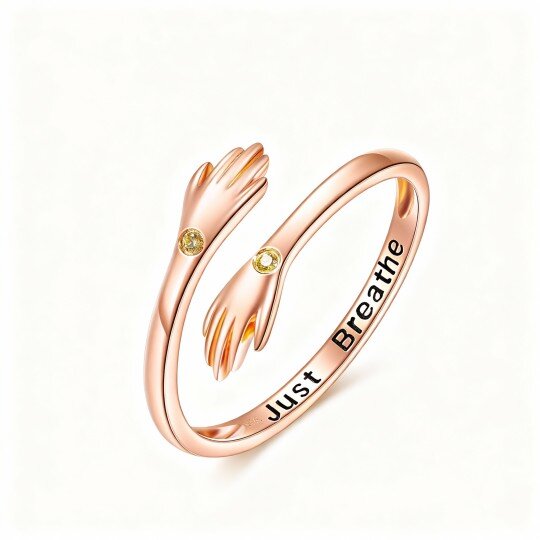 10K Rose Gold Cubic Zirconia Hug Open Ring with Engraved Word