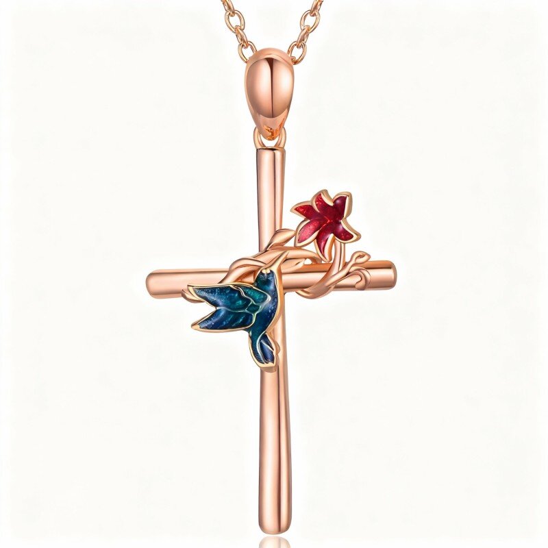 10K Rose Gold Hummingbird & Cross Pendant Necklace-1
