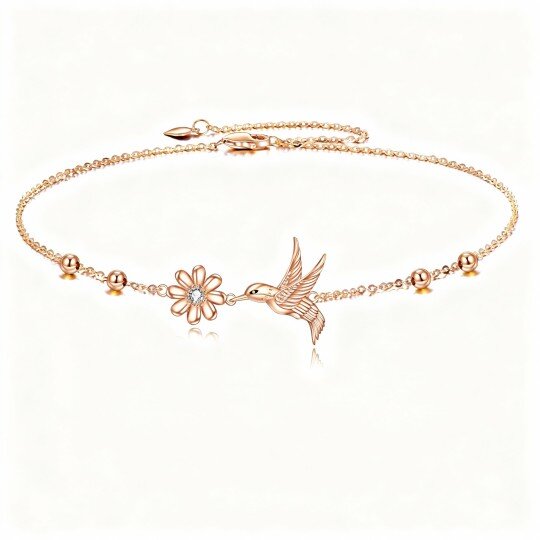 9K Rose Gold Cubic Zirconia Hummingbird & Daisy & Bead Charm Bracelet