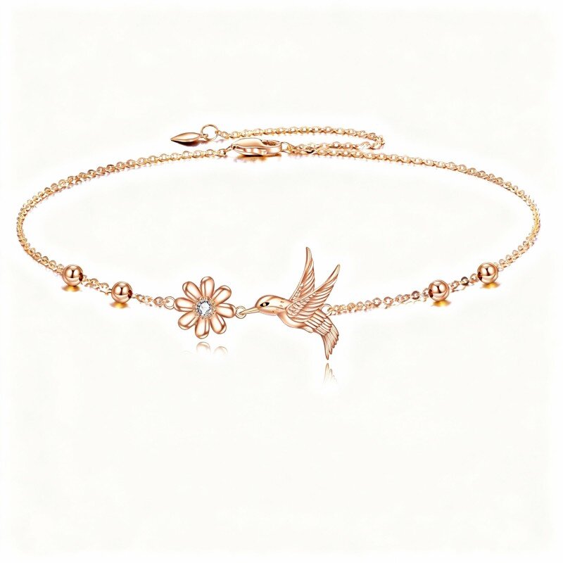 سوار من الذهب الوردي عيار 14 قيراطًا مرصع بأحجار الزركونيا المكعبة على شكل طائر الطنان وزهرة الأقحوان وخرز-1