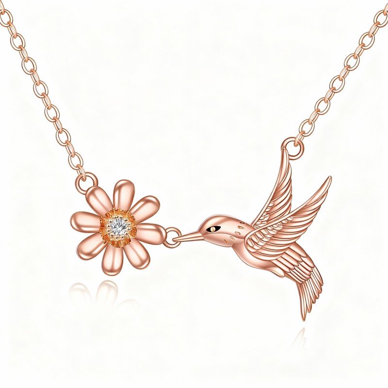18K Rose Gold Cubic Zirconia Hummingbird & Daisy Pendant Necklace-1
