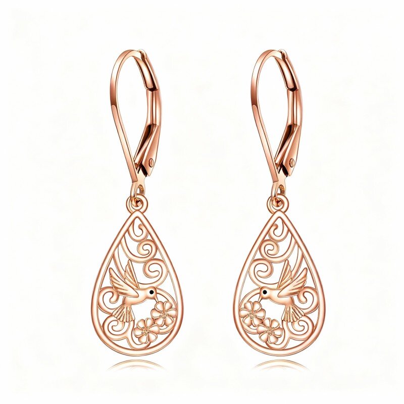 18K Rose Gold Hummingbird & Drop Shape Drop Earrings-1