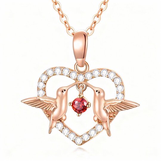 Halskette aus 10-karätigem Roségold mit Zirkonia-Anhänger in Form eines Kolibris und eines Herzens