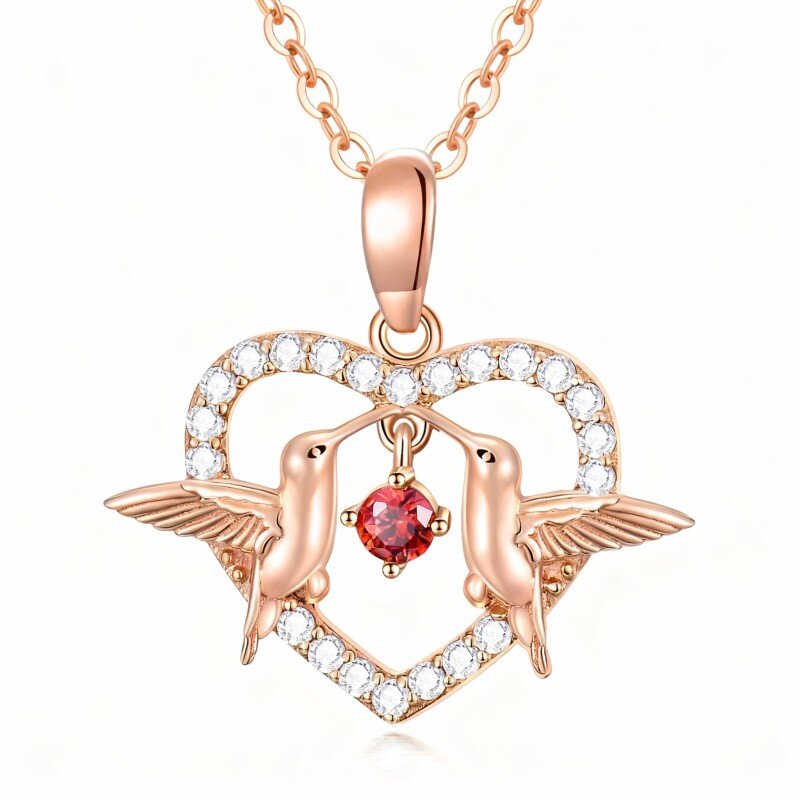 Colar com pendente de colibri e coração em ouro rosa 14K com zircónias cúbicas-1