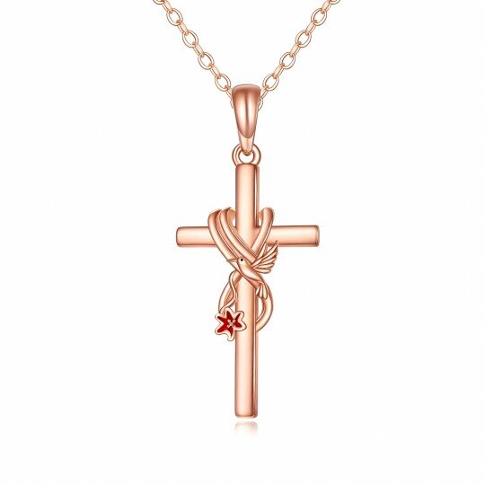 10K Rose Gold Hummingbird & Lily & Cross Pendant Necklace