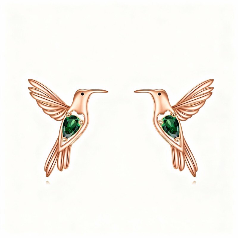 14K Rose Gold Cubic Zirconia Hummingbird Stud Earrings-1