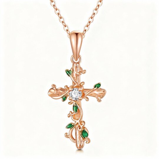 Colar com pendente de hera e cruz em ouro rosa 10K com zircónias cúbicas