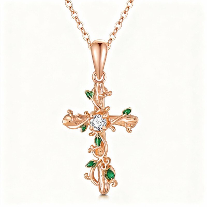 Collier pendentif croix et lierre en or rose 18 carats et zircon cubique-1