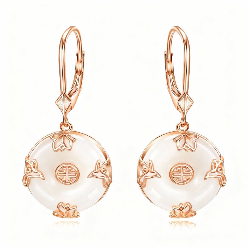 Pendientes de oro rosa de 14 quilates con diseño de paloma y nenúfar de jade y nenúfar.-1