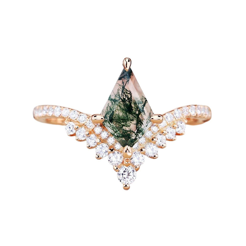 10K Rose Gold Kite Cut Green Moss Agate Engagement Ring Crown Bridal Wedding Cluster Ring-13