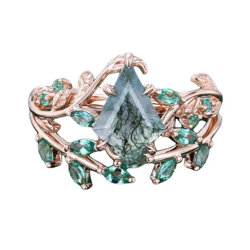 18K Rose Gold Kite Cut Leaves Moss Agate Bridal Set-1