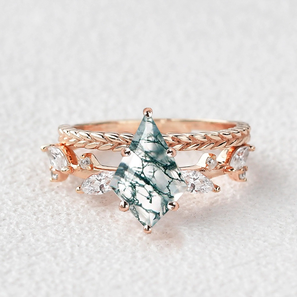 Bague de fiançailles en argent sterling plaqué or rose avec feuilles taillées en cerf-volant et agate mousse-1