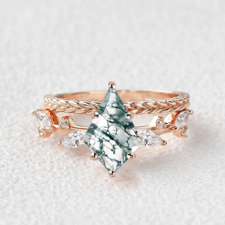 Sterling Silver with Rose Gold Plated Kite Cut Leaves Moss Agate Engagement Ring-7