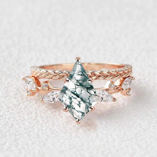 Sterling Silver with Rose Gold Plated Kite Cut Leaves Moss Agate Engagement Ring