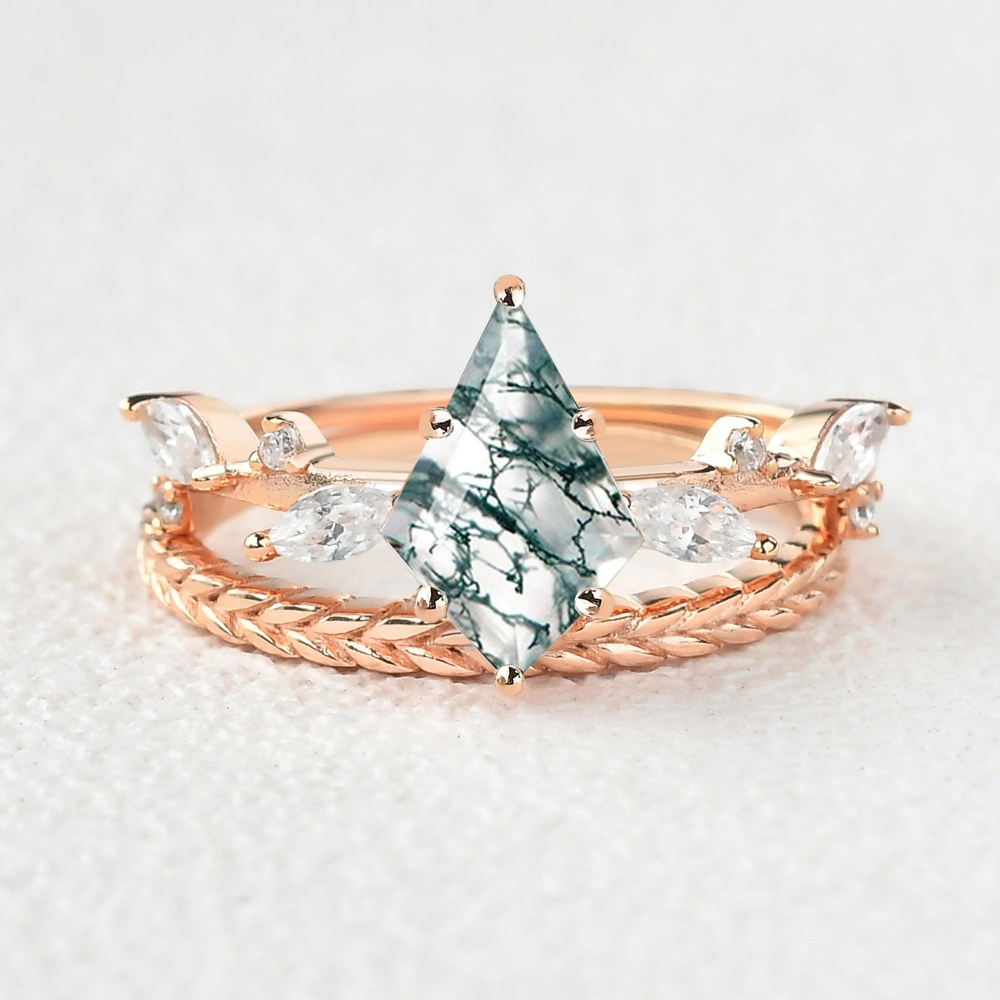 Bague de fiançailles en argent sterling plaqué or rose avec feuilles taillées en cerf-volant et agate mousse-3
