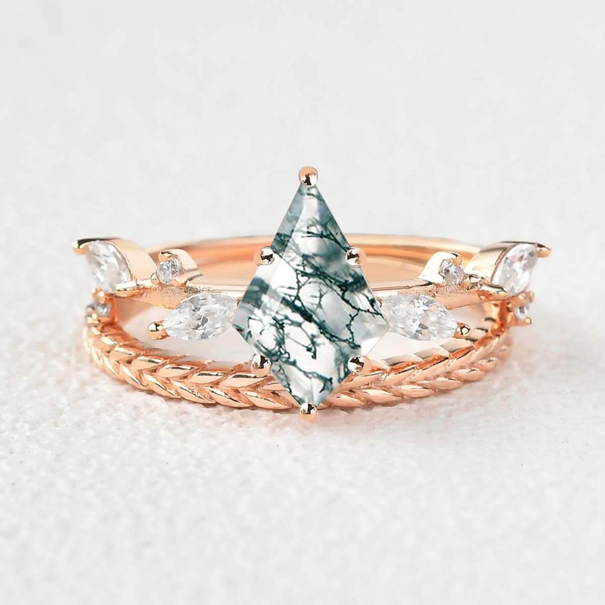 Anillo de compromiso de plata de ley con ágata musgosa y hojas talladas en forma de cometa bañadas en oro rosa-3