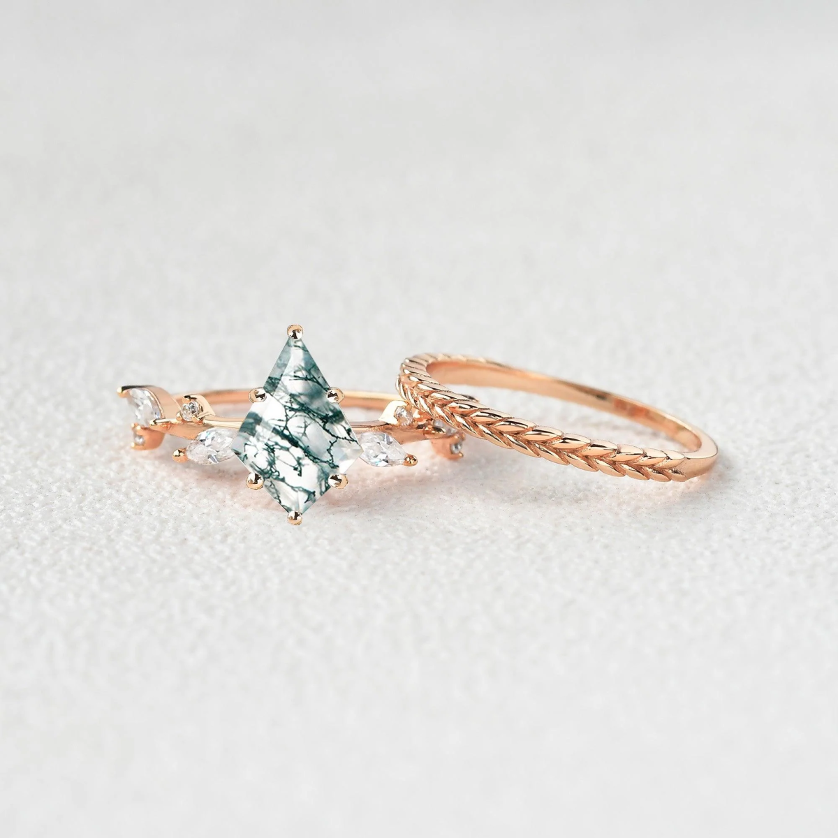 Anillo de compromiso de plata de ley con ágata musgosa y hojas talladas en forma de cometa bañadas en oro rosa-4