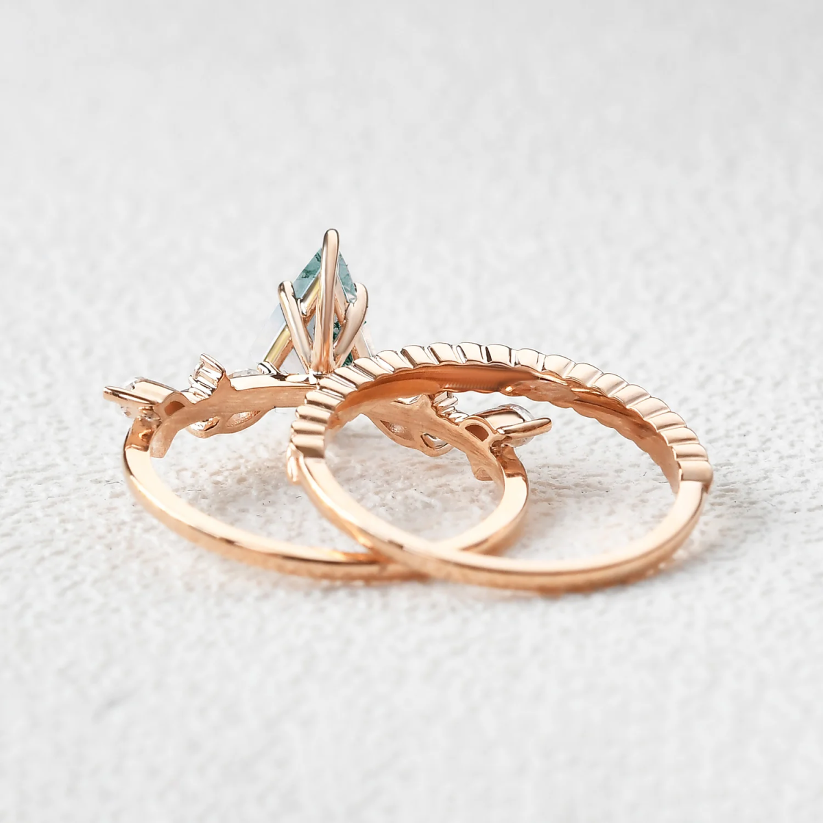 Anillo de compromiso de plata de ley con ágata musgosa y hojas talladas en forma de cometa bañadas en oro rosa-5