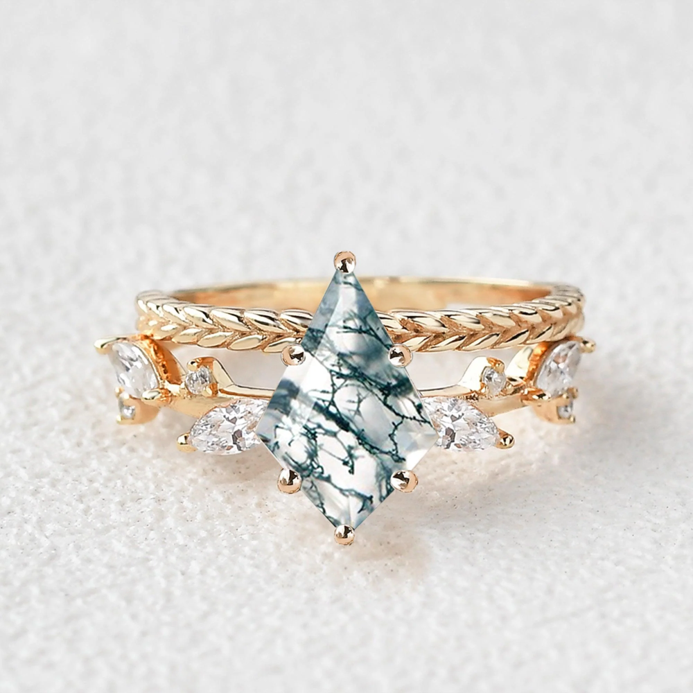 Bague de fiançailles en argent sterling plaqué or rose avec feuilles taillées en cerf-volant et agate mousse-6
